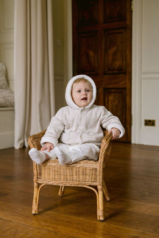 EMILE ET ROSE 'HOLLAND' BEIGE KNITTED JACKET WITH IVORY TRIM HOOD ER9332BE