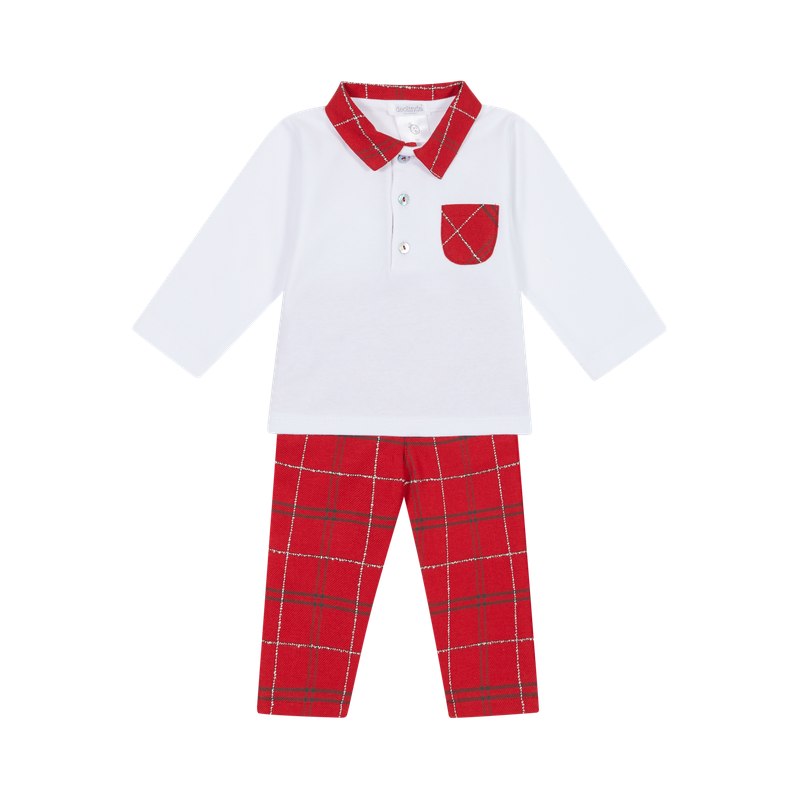 DEOLINDA 'KLAUS'  RED TARTAN TROUSER AND POLO SHIRT SET DEO1903