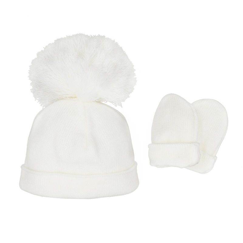 PASTELS & CO "ASHTON" WHITE POM HAT & MITTS