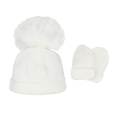 PASTELS & CO "ASHTON" WHITE POM HAT & MITTS