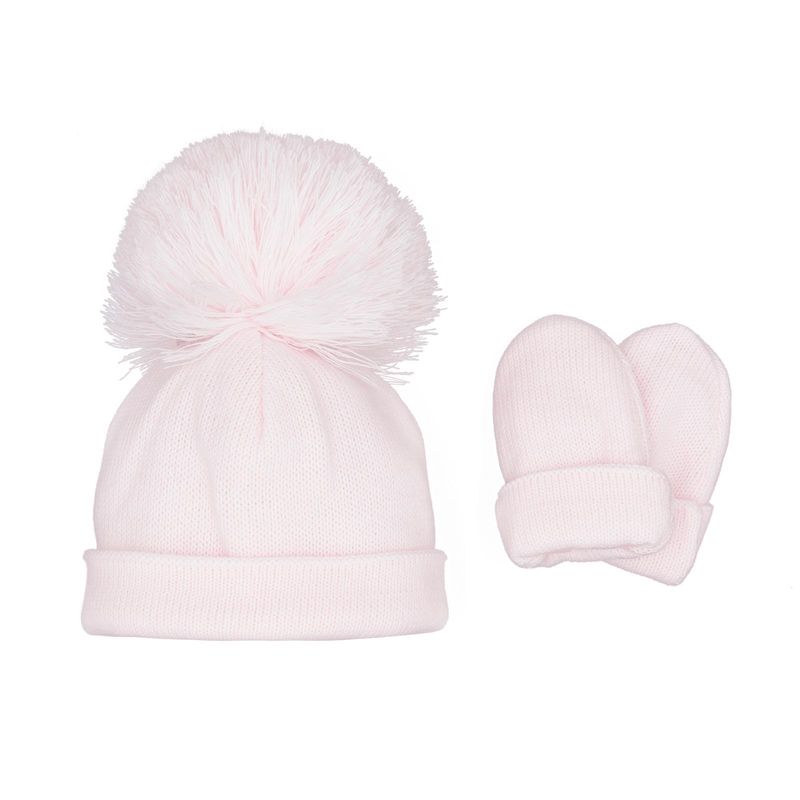PASTELS & CO "ASHTON" PINK POM HAT & MITTS