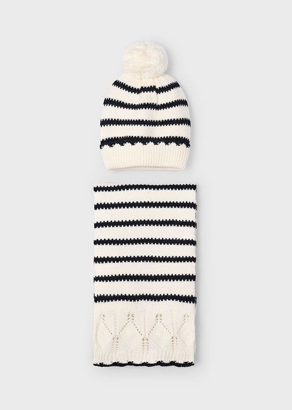 MAYORAL IVORY & BLACK KNITTED HAT & SCARF SET MAY10070