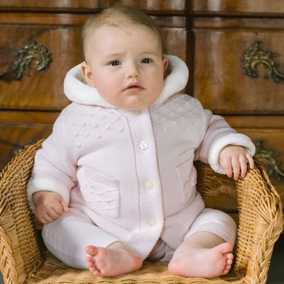 EMILE ET ROSE 'KITTY' PALE PINK KNITTED JACKET WITH IVORY TRIM HOOD ER9335 EMILE ET ROSE 'KITTY' PALE PINK KNITTED JACKET WITH IVORY TRIM HOOD ER9335