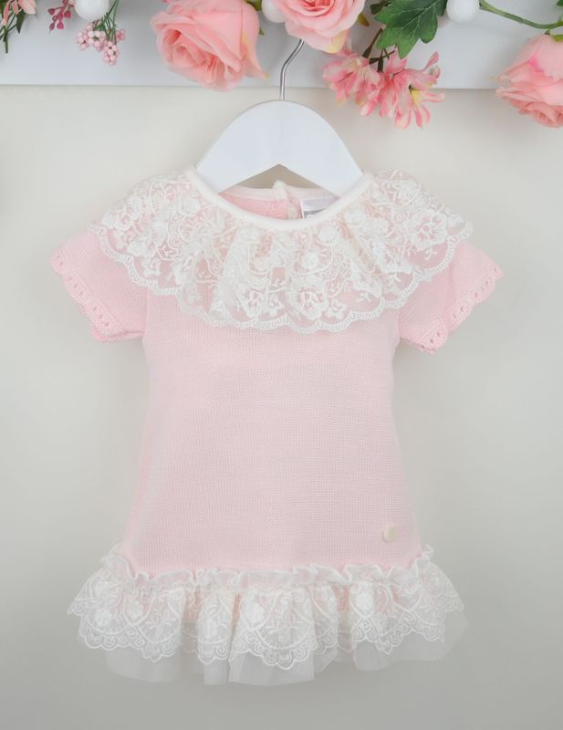 PEX 'ANNABELLE' PINK AND  IVORY FINE KNIT AND LACE DRESS PEX0932P