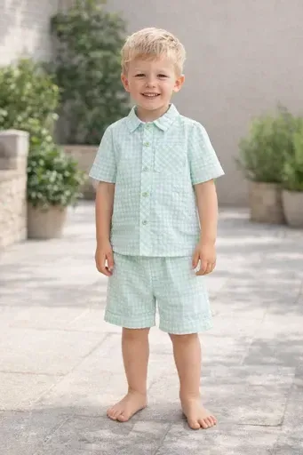 PASTELS & CO 'RUPERT' MINT GREEN AND WHITE GINGHAM SHORTS AND SHIRT COORD PAS807B