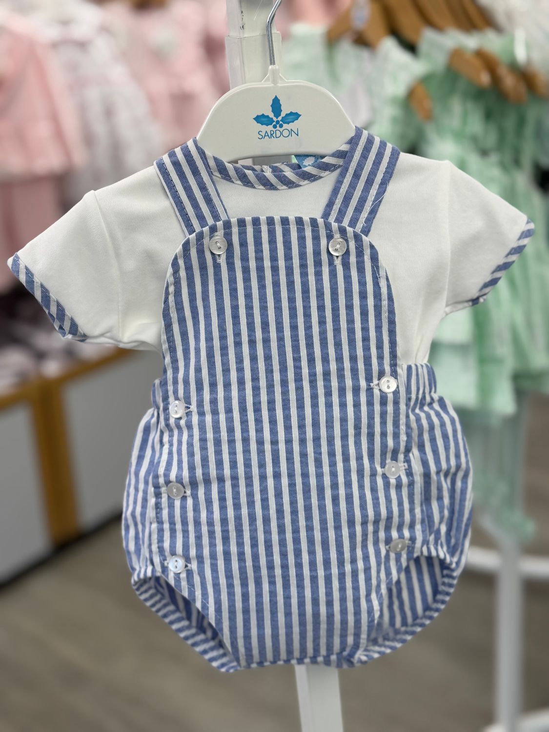SARDON BLUE & WHITE STRIPE SHORT DUNGAREE SET SAR26CB507 SARDON BLUE & WHITE STRIPE SHORT DUNGAREE SET SAR26CB507