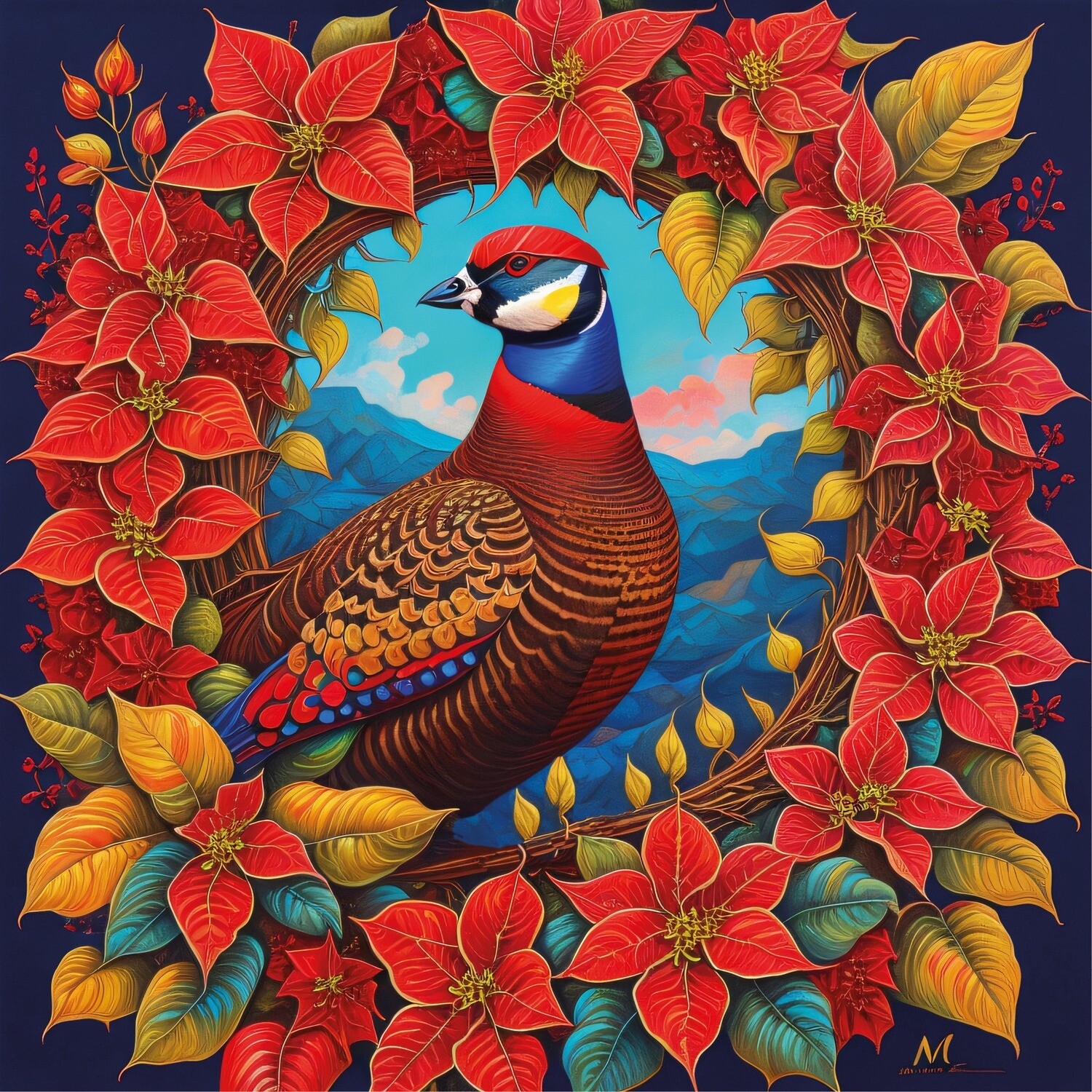 Pheasant Poinsettia Wreath