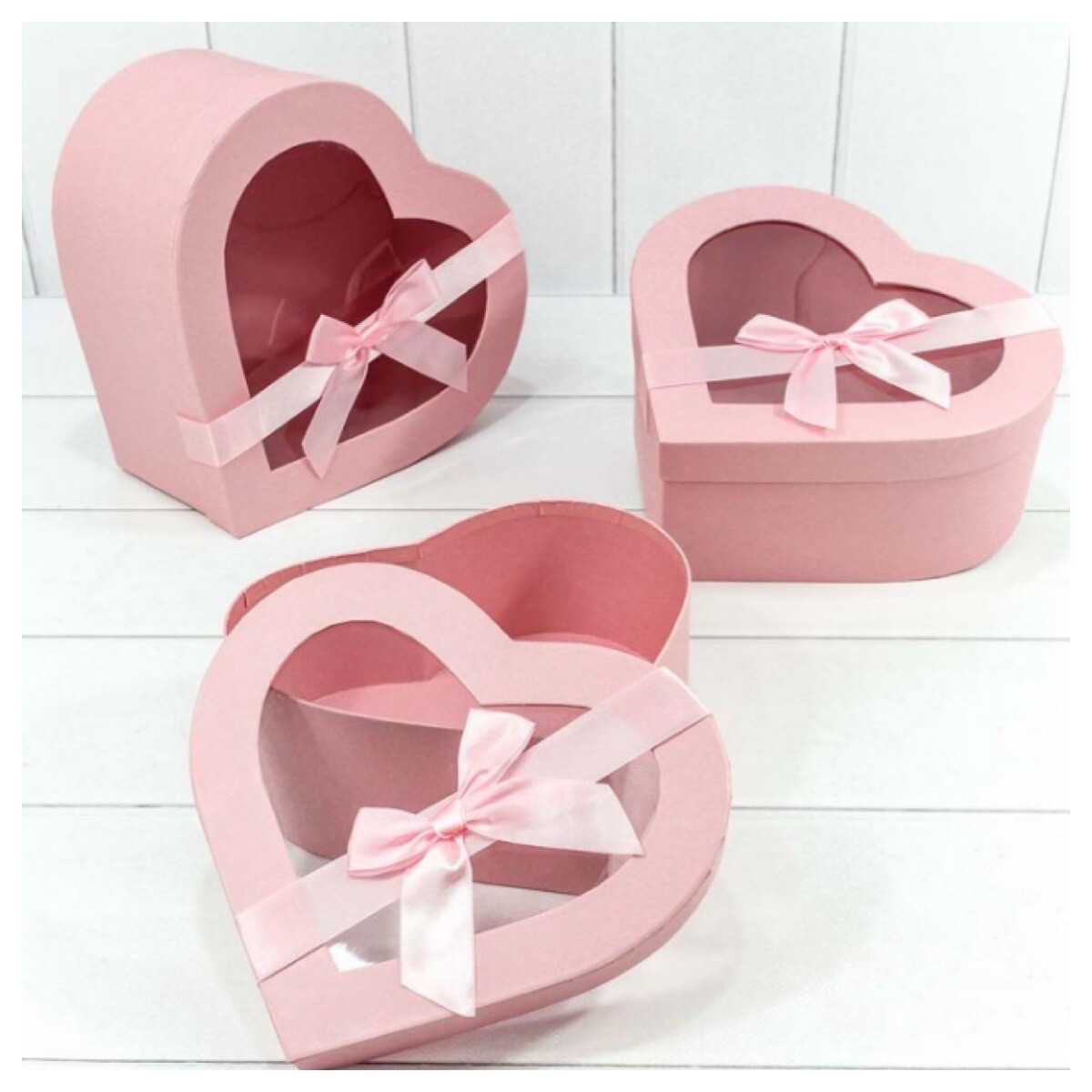 Набор из 3-х коробок «Сердце с окном и бантом», цвет-розовый