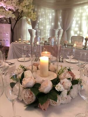 Hurricane Vase with Pillar Candle for hire, centrepieces by Bows Hire, photo 2
