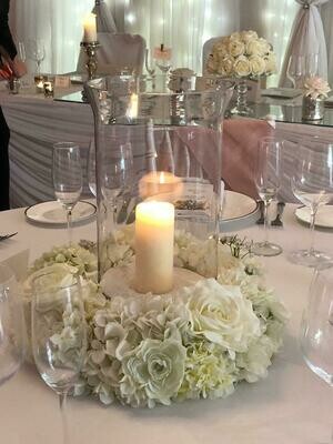 Hurricane Vase with Pillar Candle for hire, centrepieces by Bows Hire, photo 3