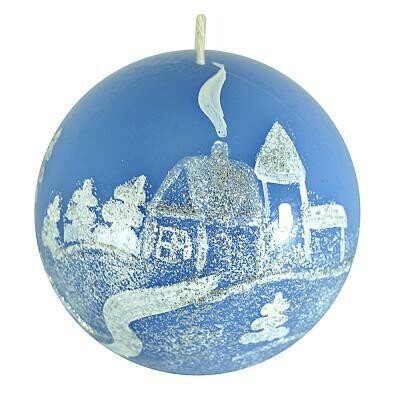 396-530 Свеча парафиновая "Зимовье", шарик синяя с ручной росписью, 7см, 2 дизайна