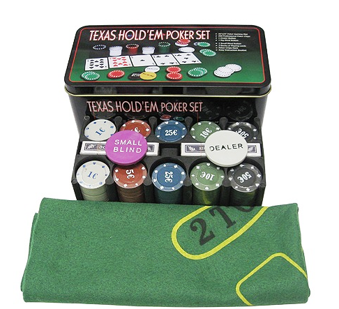 Покерный набор на 200 фишек с номиналом в металлической коробке