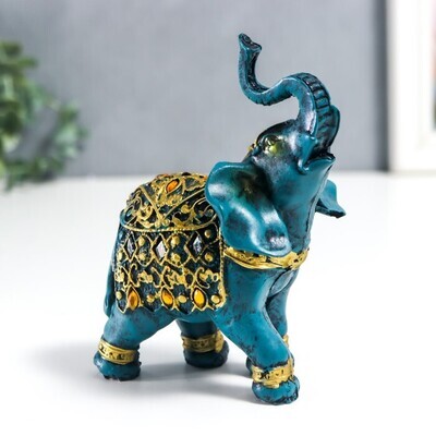 4634960 Сувенир полистоун "Синий слон в попоне с золотым узором и зеркалами" 14х7х11 см