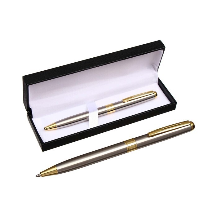 7584528 Ручка подарочная шариковая в кожзам футляре поворотная New корпус серебро с золотым
