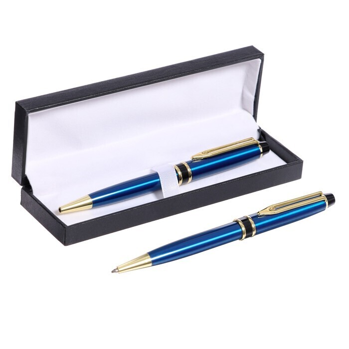 9559538 Ручка подарочная шариковая в кожзам футляре поворотная Крона корпус сине-золотистый