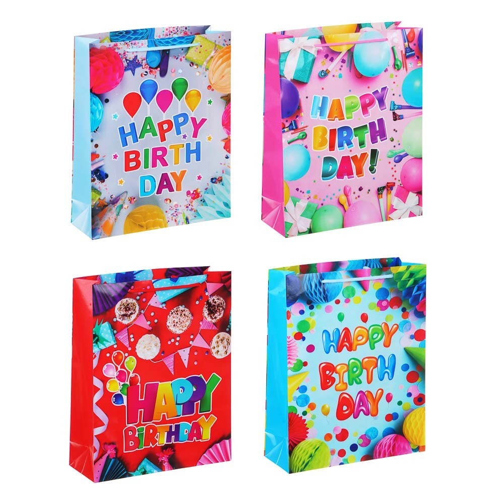 507-133 Пакет подарочный бумажный, 26x32x9 см, 4 дизайна, С Днем Рождения