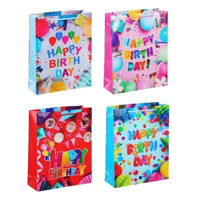 507-133 Пакет подарочный бумажный, 26x32x9 см, 4 дизайна, С Днем Рождения