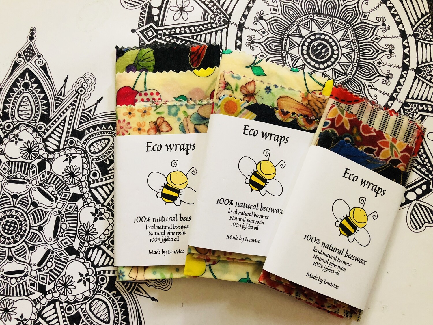 Organic Beeswax Food Wraps PACK OF FIVE (family starter pack) Eco friendly, reusable. Made with love.