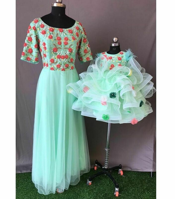 SEA GREEN MOM AND BABBY- HAND WORK YOKE AND FLUFFY FROCK FOR BABY