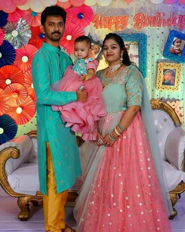Mother+Father and Daughter Long frock + Sherwani + Ruffle Frock Pink + Sea Blue