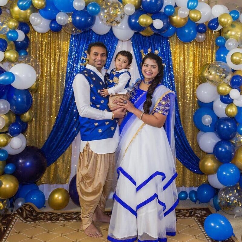 Father + Mother + Son - Mens Sherwani + Lehangha + Kids Sherwani 
Dark Blue + White