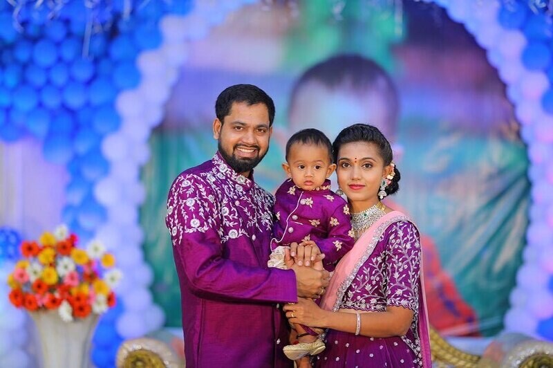 Father + Mother + Son - Mens Sherwani + Lehangha + Kids Sherwani 
Purple