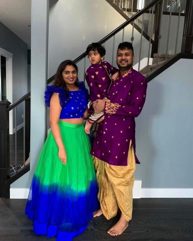 Father + Mother + Son - Mens Sherwani + Lehangha + Kids Sherwani 
Purple+Multi Colour