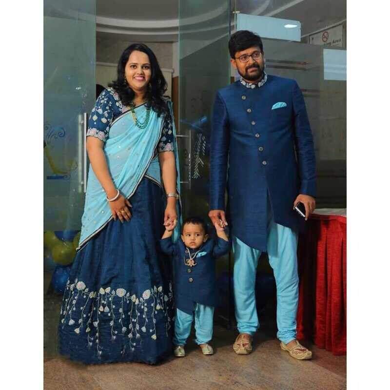 Father + Mother + Son - Mens Sherwani + Lehangha + Kids Sherwani 
Blue +  Sky Blue