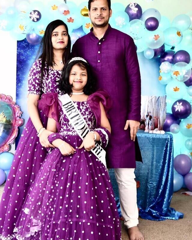 Mother+Father and Daughter Long frock + Sherwani + Ruffle Frock Purple
