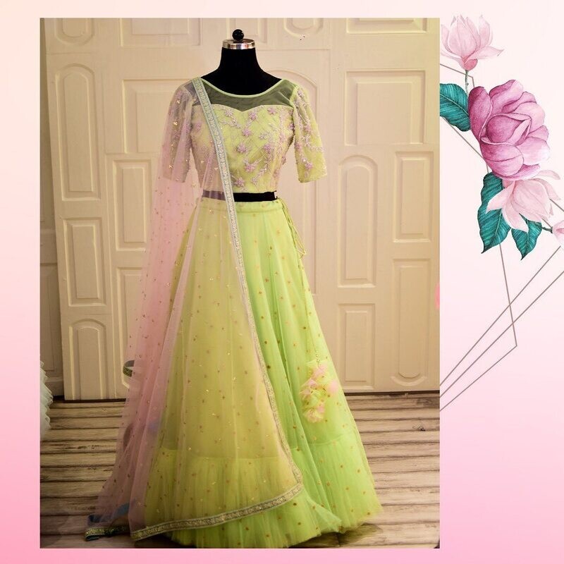Mother+Father and Daughter Long frock + Sherwani + Ruffle Frock LIme Green- Pink