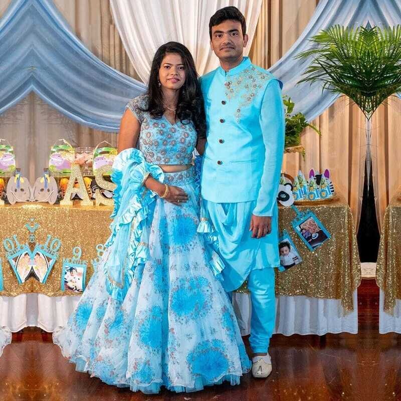 Father + Mother + Son and Dhaughter Mens Sherwani + Long Frock + Mens Sherwani + Kids Frock - Sky Blue