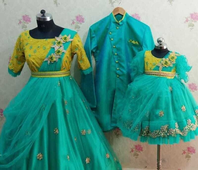 Mother+Father and Daughter Long frock + Sherwani + Ruffle Frock Sea Blue + Lime Green