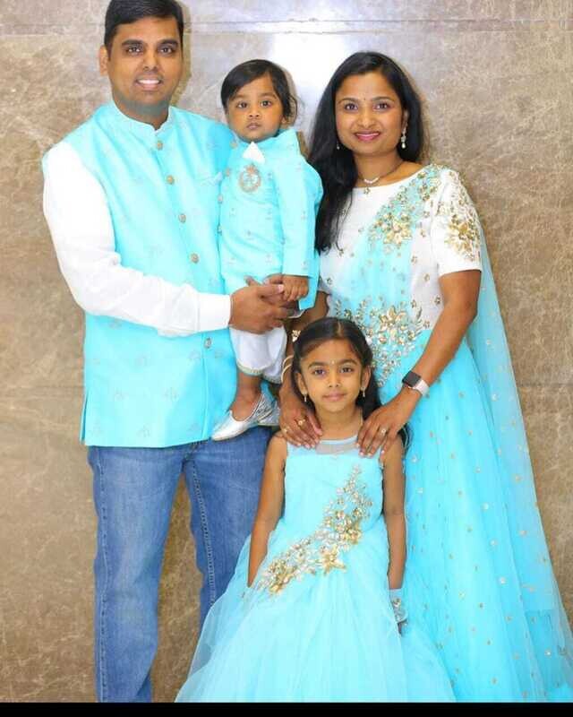 Father + Mother + Son and Dhaughter Mens Sherwani + Long Frock + Mens Sherwani + Kids Frock - Sky Blue + White Blue
