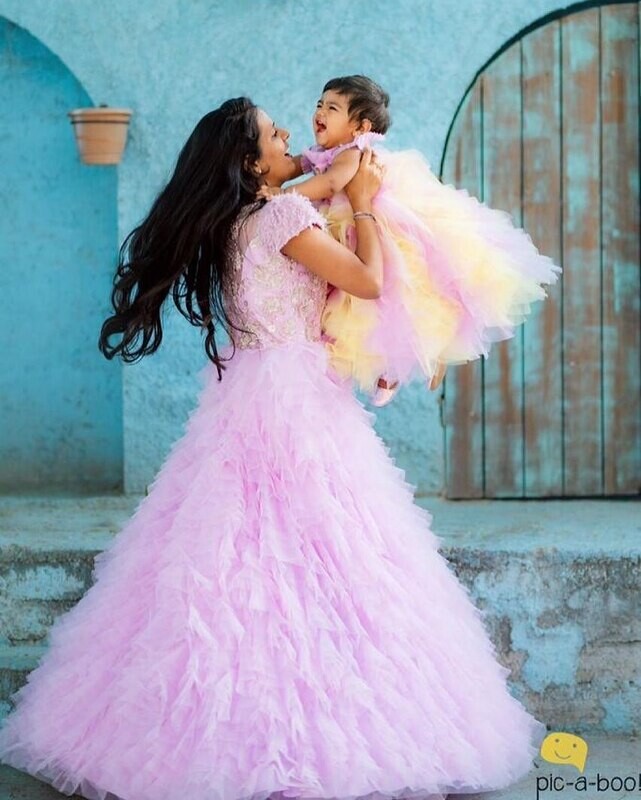 Mother+Father and Daughter Long frock + Sherwani + Ruffle Frock Sea Pink