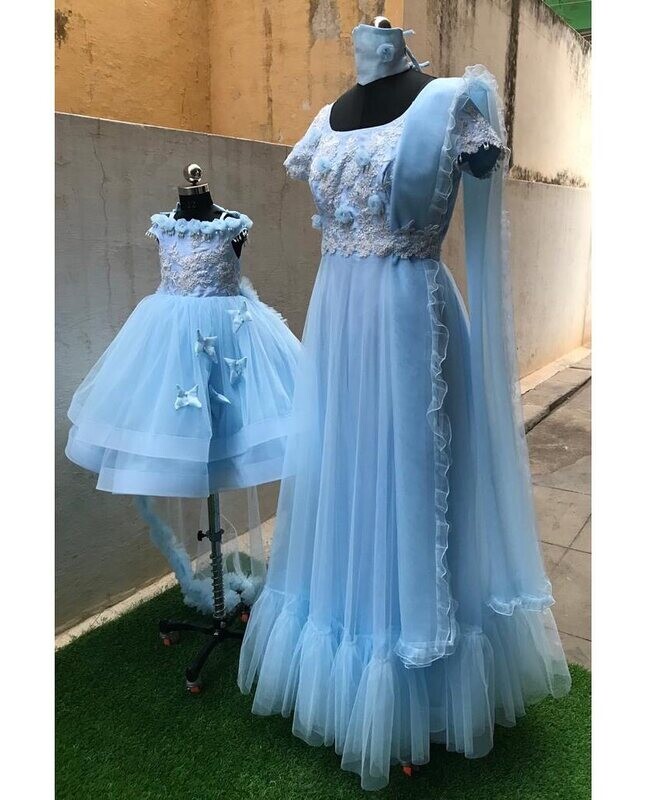 Designer Mom And Baby Blue Colour