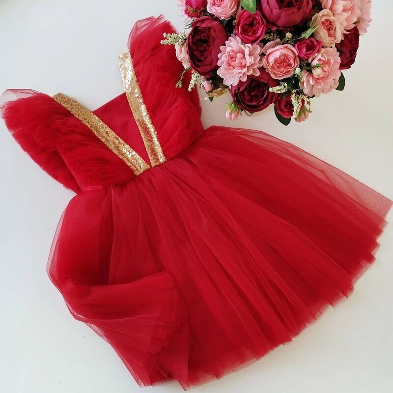 Red Ruffle Frock-Sequins Gold Strip Backside Bow