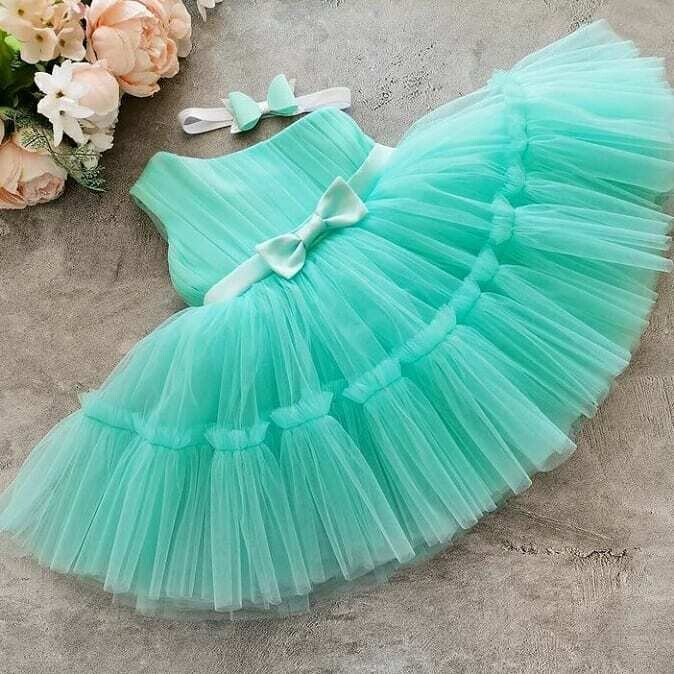 Sea Blue Ruffle Frock Front side Bow Sea Blue Ruffle Frock Front side Bow