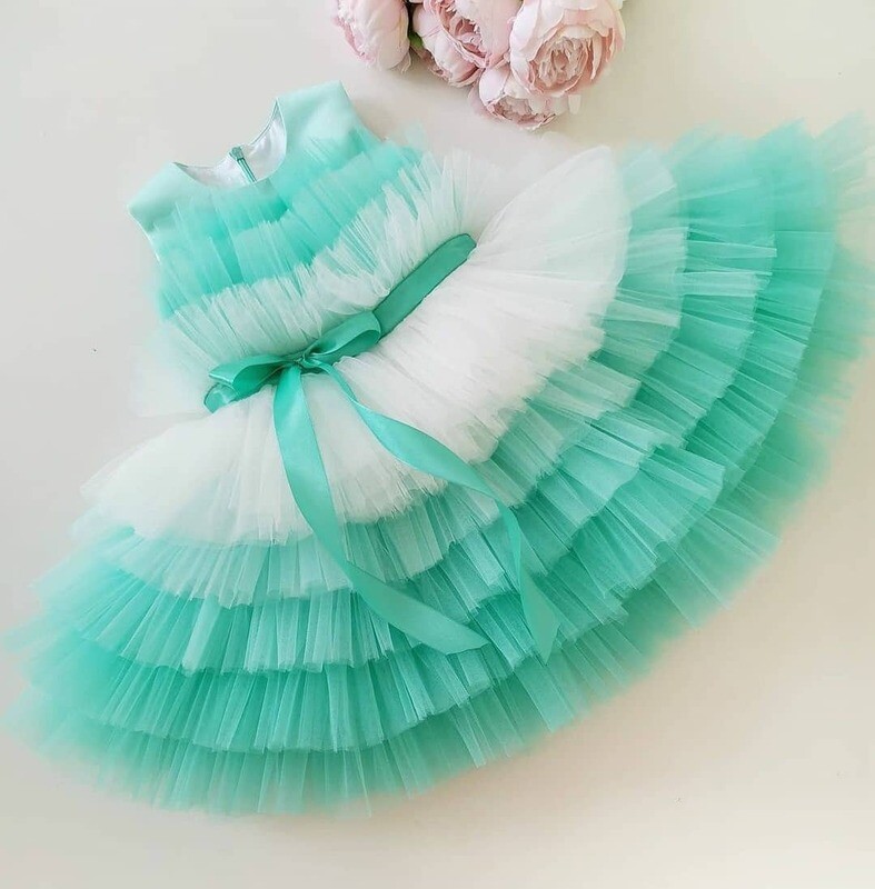 Designer Kids Ruffle Frock Sea Green - White Designer Kids Ruffle Frock Sea Green - White
