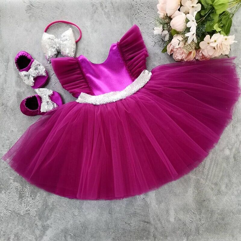 Dark Pink Ruffle Frock Backside Bow-Complementary Frock and shoes