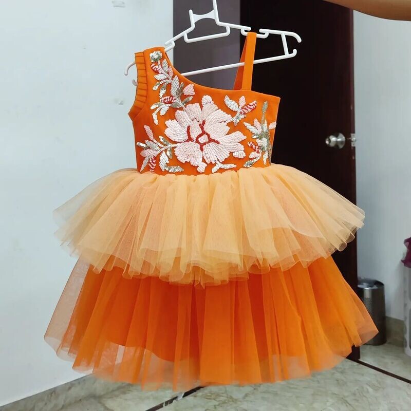 Designer Ruffle Frock - Orange -Flower Maggam Work