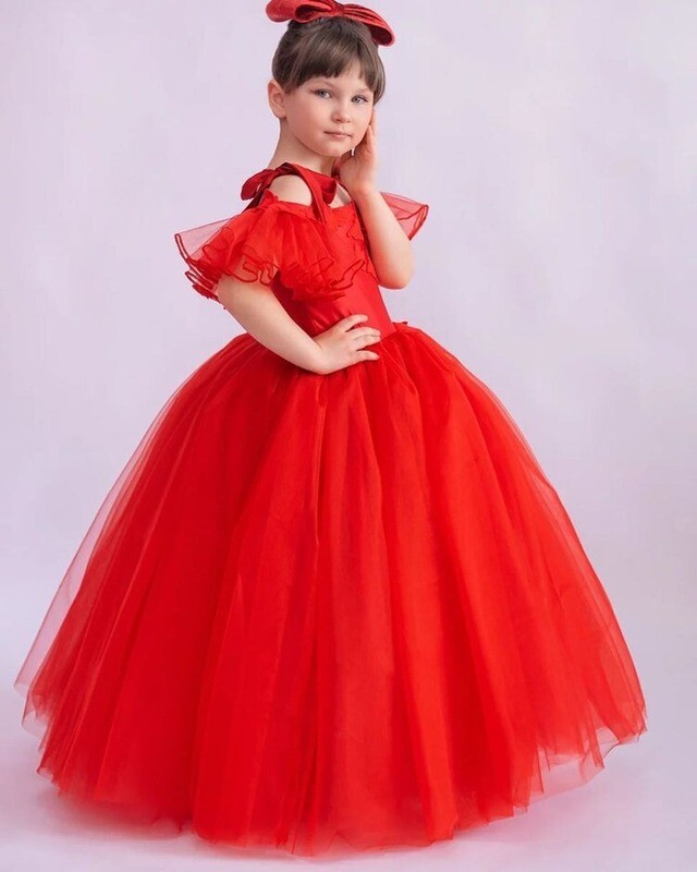 Designer Ruffle Frock -Red-Colour