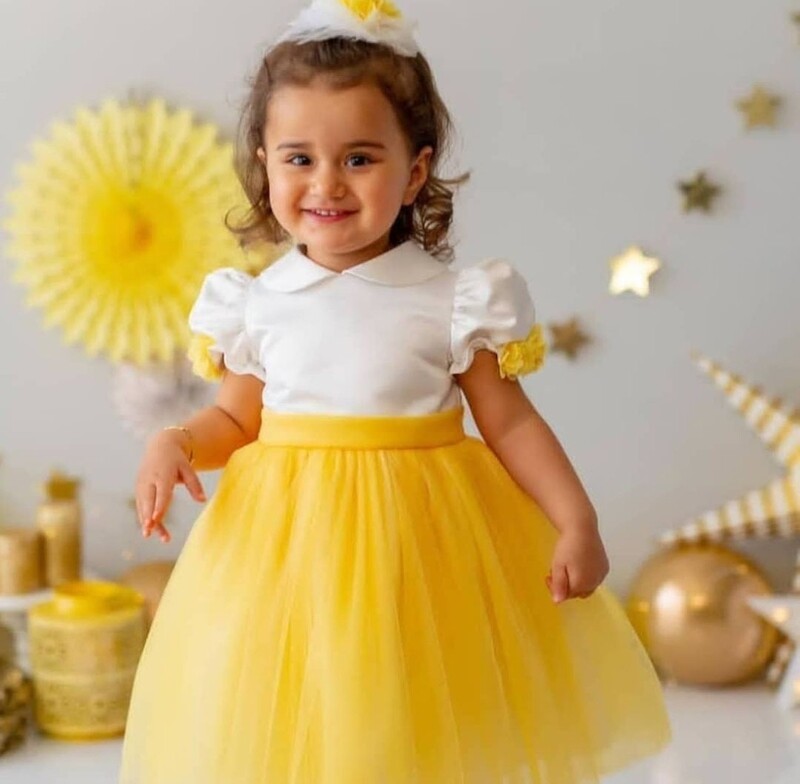 Designer White & Yellow Frock Puff Hands Backside Bow