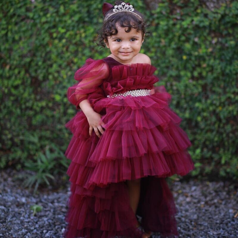 Designer Ruffle Frock Maroon-High & low Model Designer Ruffle Frock Maroon-High & low Model