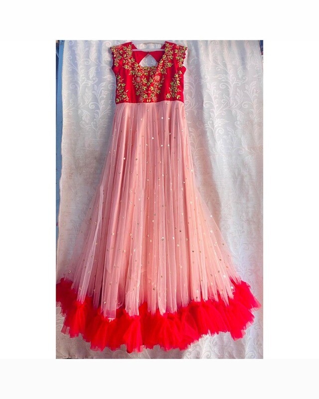 Designer Long Frock red & baby pink colour