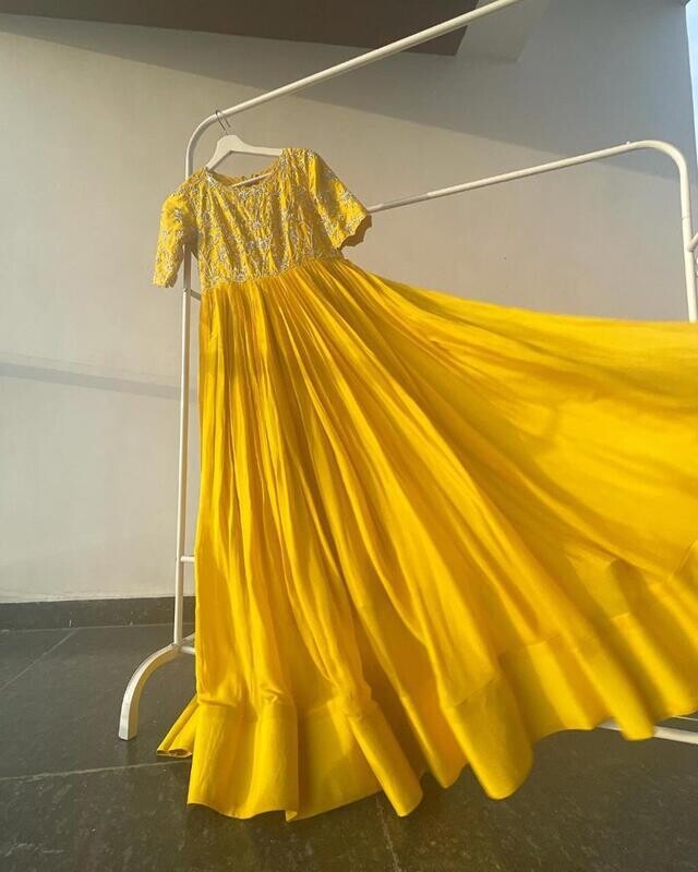 Designer Long Frock Yellow colour