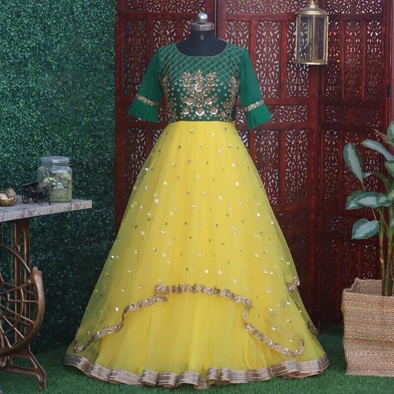 Designer Long Frock green & yellow colour Designer Long Frock green & yellow colour