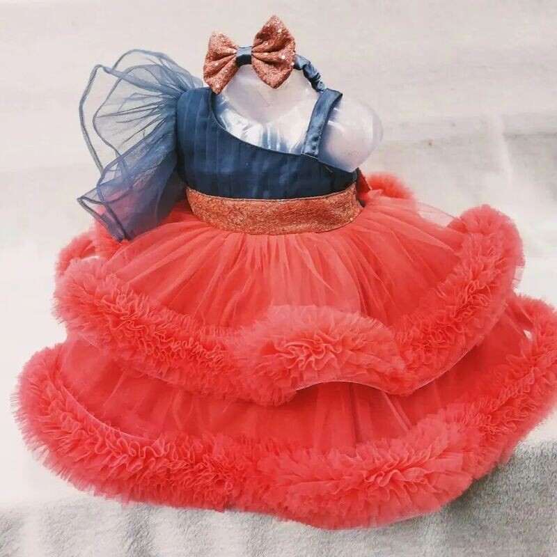 Red & Grey Ruffle Frock-in Offer Backside Bow Book Now