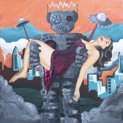 ROBOTS WILL BREAK YOUR HEART oil painting 24" x 24"