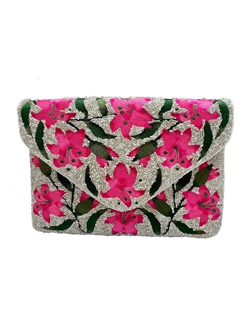 Pink Lilies Beaded Clutch