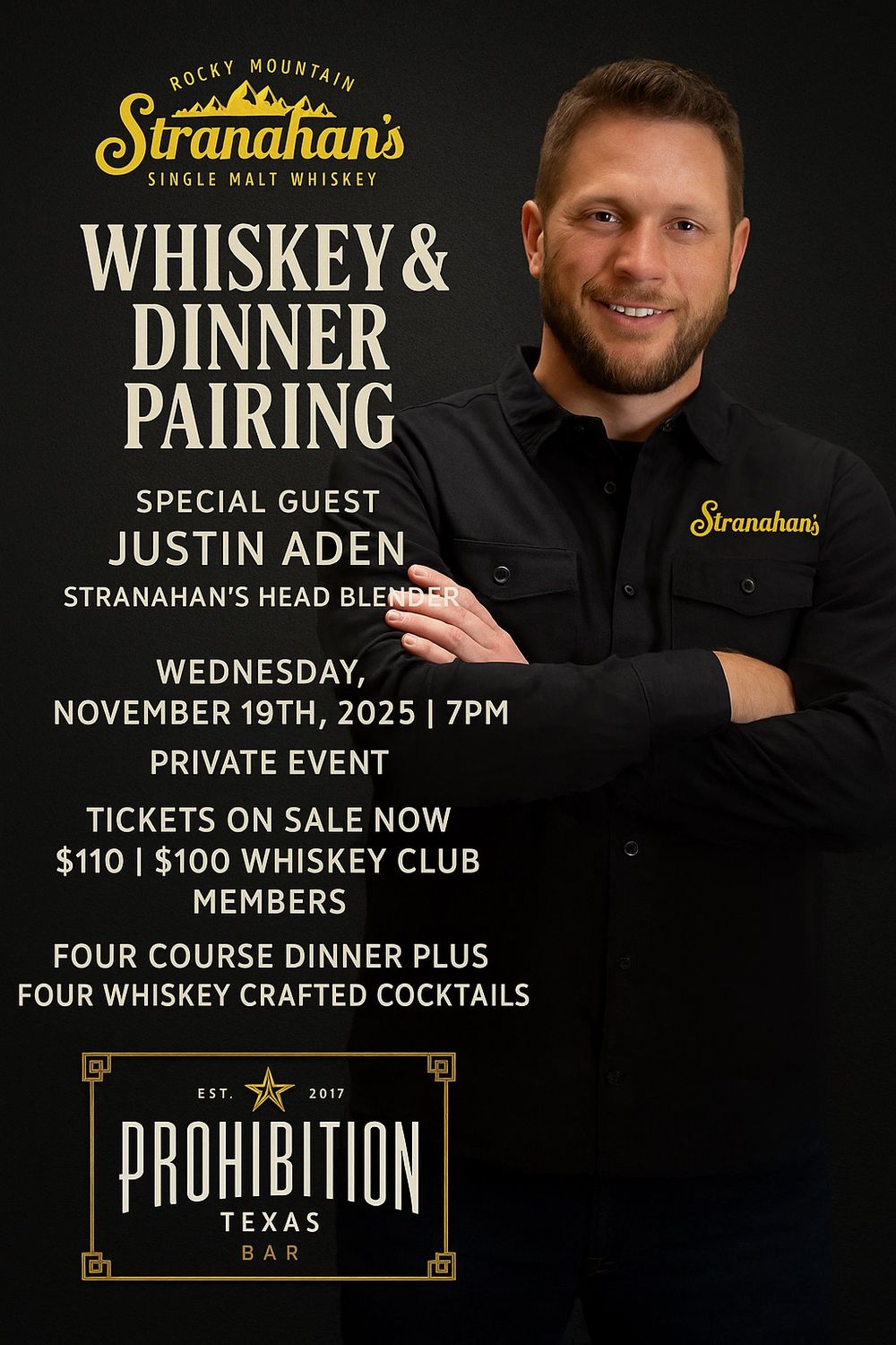 Stranahan’s Whiskey &amp; Dinner Pairing at Prohibition Texas